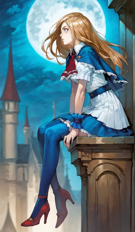 score_9,score_8_up,score_7_up,
highres,highly detailed,
<lora:CharlotteAulin:1>,
charlotteaulin,
1girl,solo,
brown hair,long hair,
blue eyes,looking to the side,
blue cape with white lace trim,white thigh length dress,white lace trim collar,red tie with white lace trim,short puffed sleeves,blue wrist cuffs,(blue wrap skirt:1.2),
blue lace thigh socks,red heels,
full body,sitting,from rooftop,overlook,from side,
blurry background,vignetting,outdoors,castle,(night:1.2),dark,full moon,dark,light particles,cloudy,rainy days,