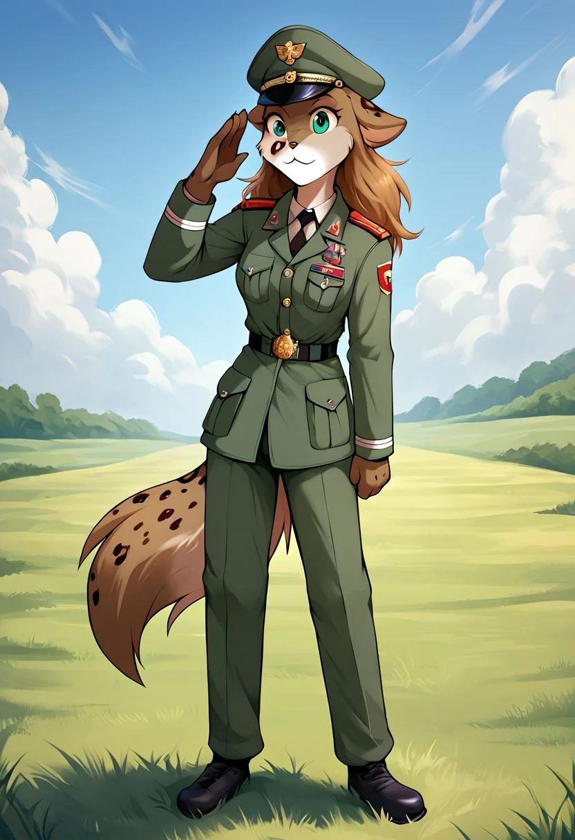 score_9, score_8_up, score_7_up, score_6_up, score_5_up, score_4_up, rating_explicit, source_furry, tkkathrin, keidran, mammal, spotted fur, teal eyes, anthro, 1girl, female, solo, solo focus, full body, standing on two legs, fluffy tail, long hair, medium breast, the army uniform of the Soviet Union, officer's cap of the Soviet Union, in the field, The salute gesture, cute expression, field, detailed backgroud, detailed face