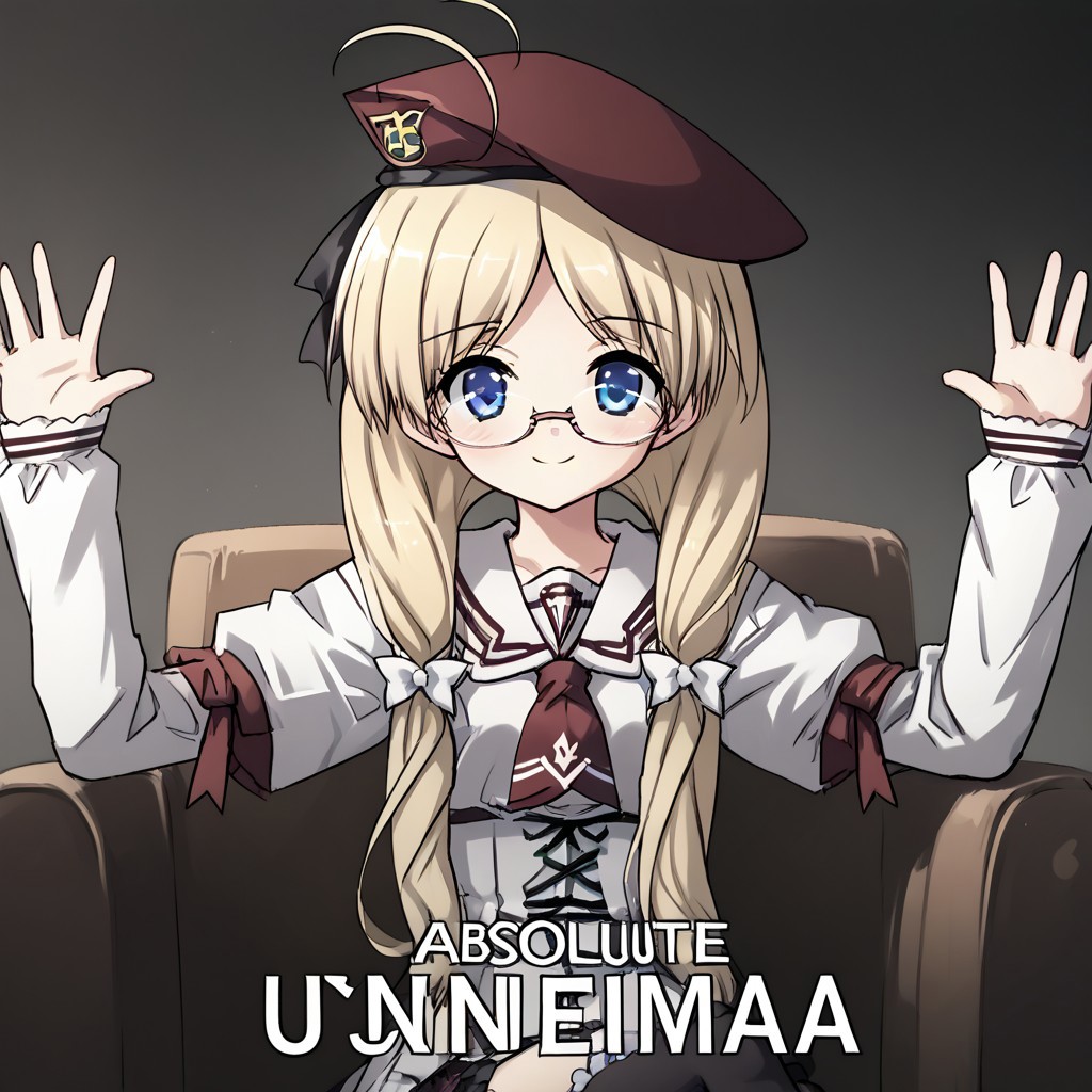 1girl, solo, yukiponeleeyes, blonde hair, long hair, low twintails, low-tied long hair, hair ribbon, ahoge, blue eyes, glasses, rimless eyewear, beret, kouryoukan_academy_school_uniform, frilled thighhighs, score_9, score_8_up, BREAK,  hands up, upper body, monochrome, greyscale, sitting, crossed legs, smile,