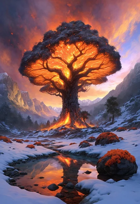 (by Ellen Jewett:1.5), (Fiery orange Bioluminescent Impressionism, mountain landscape, The Dreamland, Gibson Great Mountains, rock, sky, giant tree, great grand tree on mountains, great fire, great great magical tree, sunset, sunrise , stream, lightining, snow and ice, ethereal landscapes, depth of field, biotech emotion:1.3) <lora:xl_more_art-full_v1:0.5> <lora:add-detail-xl:1> <lora:RMSDXL_Creative:2>