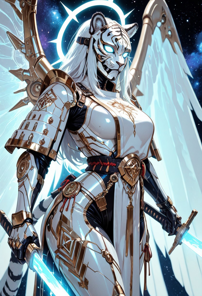 highres, very detailed, amazing quality, masterpiece,
very aesthetic,
particle effect,
1girl, cyborg girl floating in space, white metal body, mechabare (robotic tiger mask:1.1),,black and white mechanical details, holding holographic sword, engraved, sword guard stance, ornate jade inlay, wide hips, white metallic body, angelic, oversized wings, huge wings, [mechanical wings|glacier], halo, glowing white details, gold accents, translucent, pixel eyes, yotsuwari-bishi, japanese armor, depth of field, stars, nebula, translucent,, japanese armor, samurai, flowing tabard, tiger family crest, shiny, syntheticbreed,