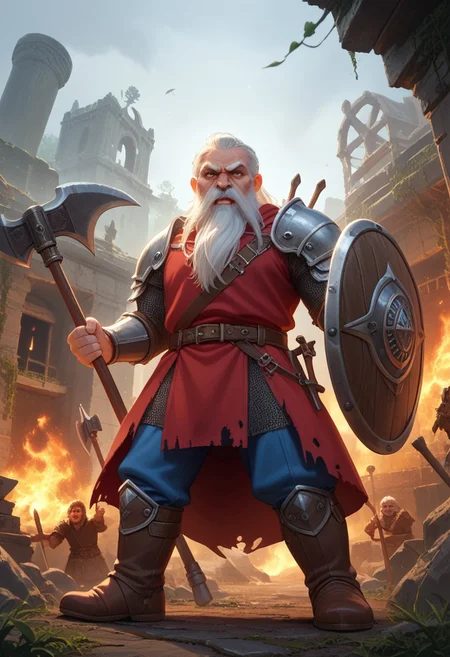 score_9, score_8_up, score_7_up,
old male, Dwarf, mature, realistic, axe and shield, short stature, white hair, beard, moustache, big nose, angry, holding axe, berserk,
source_anime, in the fog, ruins, surrounded by fire , medieval, fantasy,
from below, Expressiveh, solo focus,solo