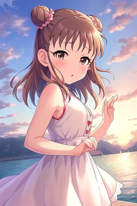 munakata atsumi, 1girl, blue sky, blush, border, brown hair, clouds, double bun, dress, heart, highres, looking at viewer, looking to the side, outside border, sky, sleeveless, sleeveless dress, solo, upper body, white border, white dress
<lora:deresute-v1.1:1>