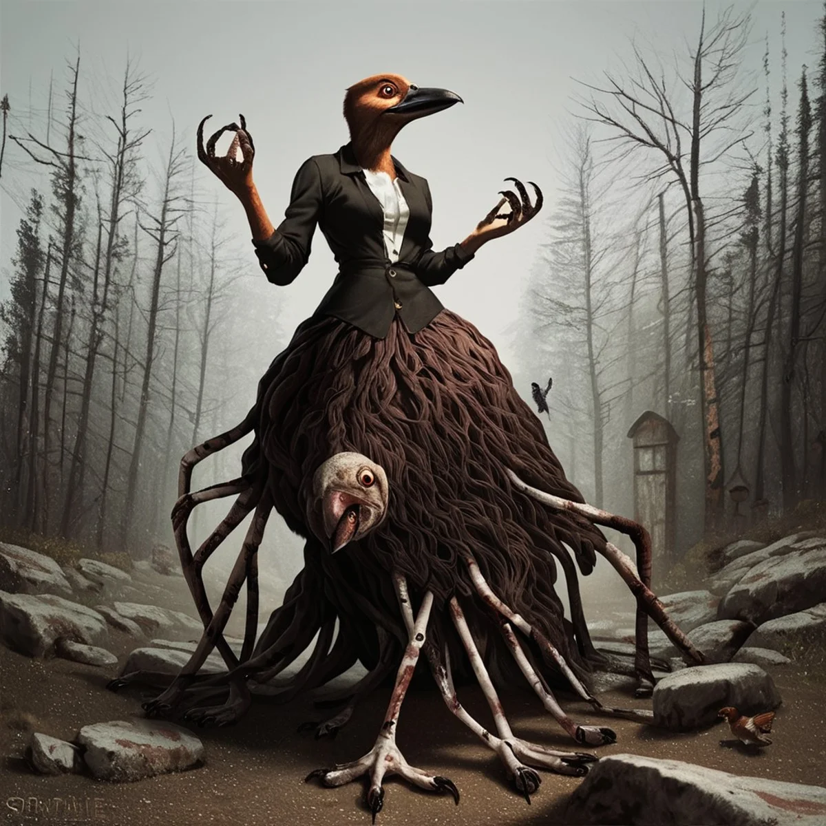 <lora:Eldritch_Beast_Pony:1>, taur, topmount, bird, beak, furry_source, score_9, scoure_8, score_7, breasts, anthro, <lora:photov3:0.75>, realistic, style, horror, beastmass,