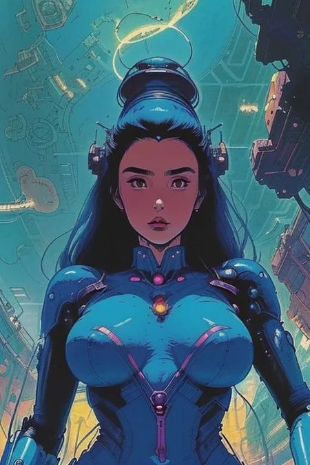 2d artwork, line artwork, comic aesthetics, (close-up:1.5), 3/4 view, (from below:1.5), gorgeous time travel woman, mind reading device, looking at viewer, surreal, breathtaking high-tech hardware background, line noise, ancient, retrofuturism, old comic paper, cyberpunk, crazy scenery, 1girl, big boobs, ladyboy