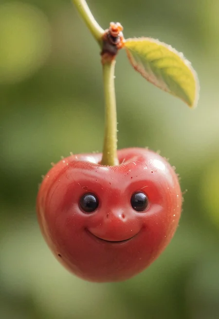 A tiny smol zhibi Smiling cute looking ripe Cherry, macro Closeup,