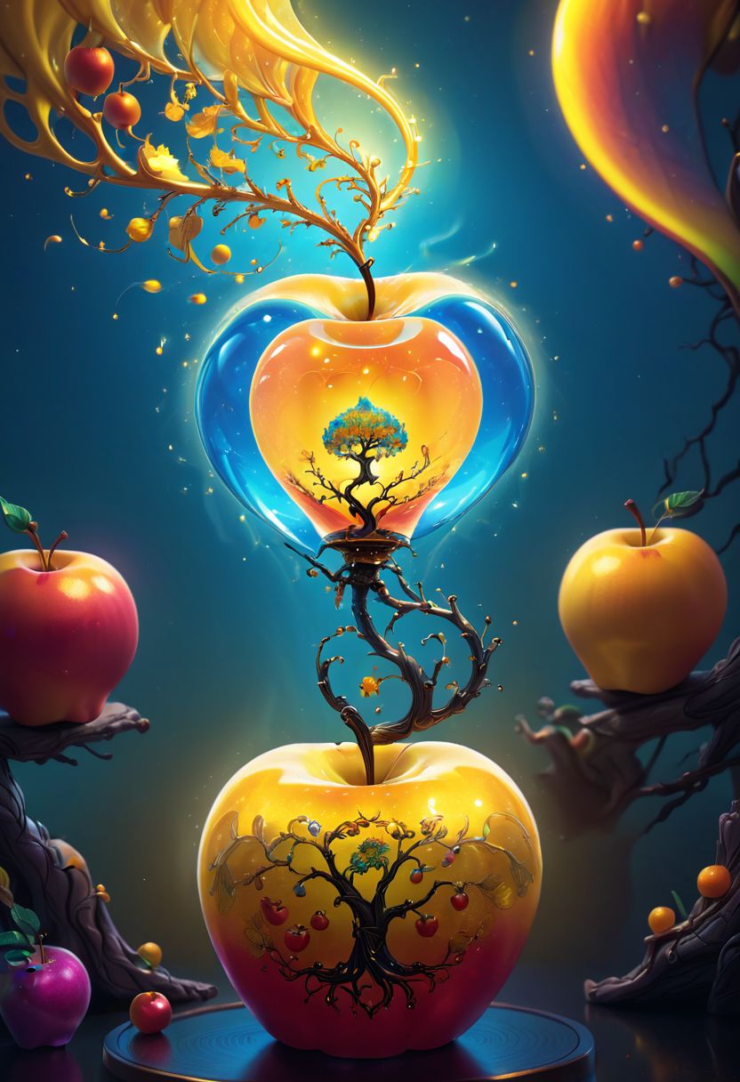 photograph, photorealistic, ultra-realistic, intricately detailed, wide angle, fine fractal glossy vivid colored shiny contours outlines of a glass apple with a ("a glowing golden flying female fairy uses her wand to transform a tree to solid gold.") inside, surreal, gradient, windy,  petals floating on the wind, swirling ribbons of ink and light. linquivera, liiv1