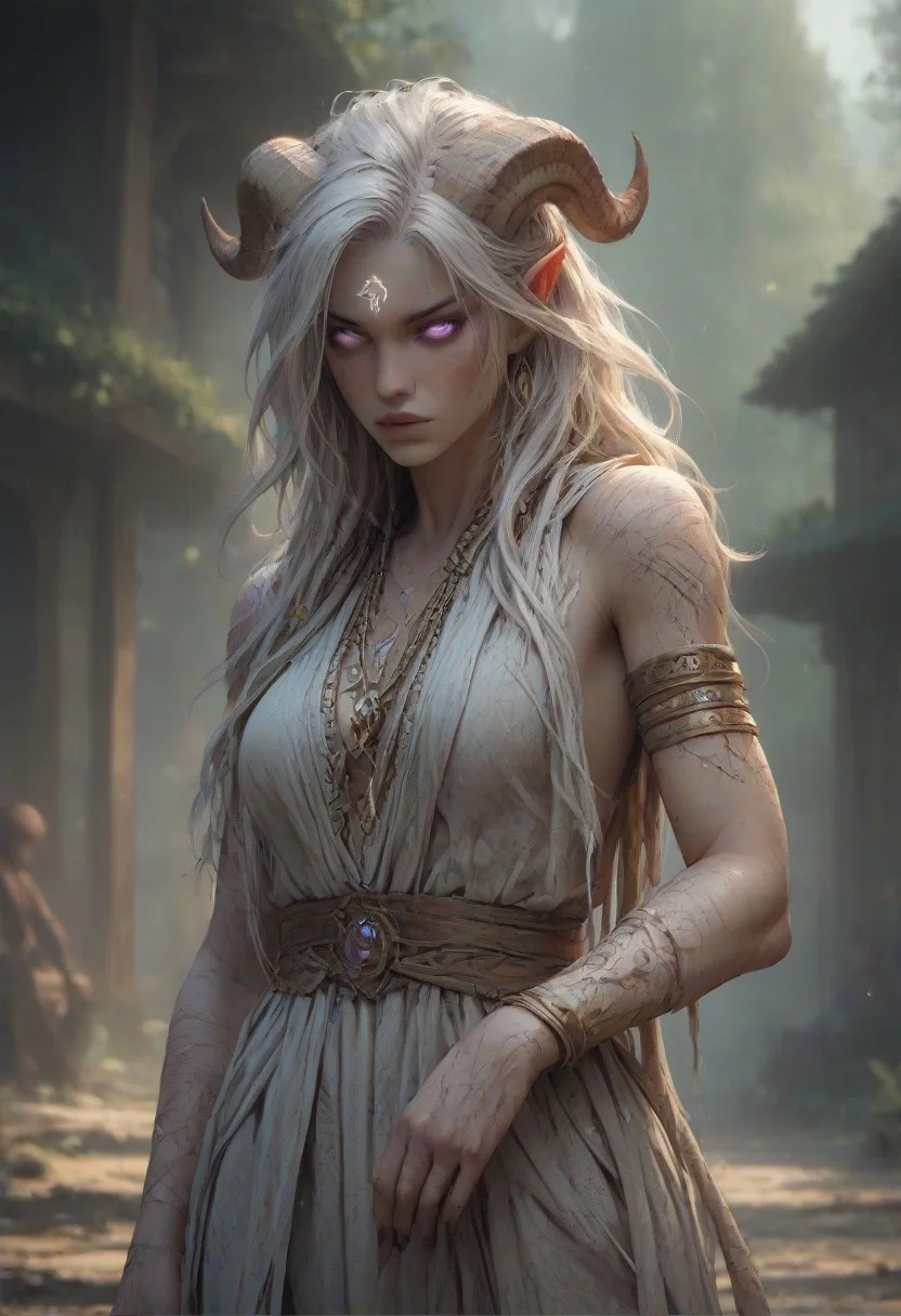 (absurdres, best quality, masterpiece:1.4), score_9, score_8_up, score_7_up, score_6_up, detailed, detailed body, detailed face, world of warcraft, fantasy, <lora:add-detail-xl:1.5>,
fFaceDetail, (female, draenei, h0rns, ram horns, white horns, tall, athletic arms, pale white skin, long white hair, purple eyes, no pupils, no sclera, long white tail, long fingers, purple fingernail polish), 
(long loose white dress, white silk scarf, tail under dress, simple armlet, small yellow gem pendant, small yellow gem earrings),
upper body, front view, looking at viewer, 
depth of field, outdoors, (fantasy faire, wooden village), (crowds in background, fantasy clothing, human, varied clothing)