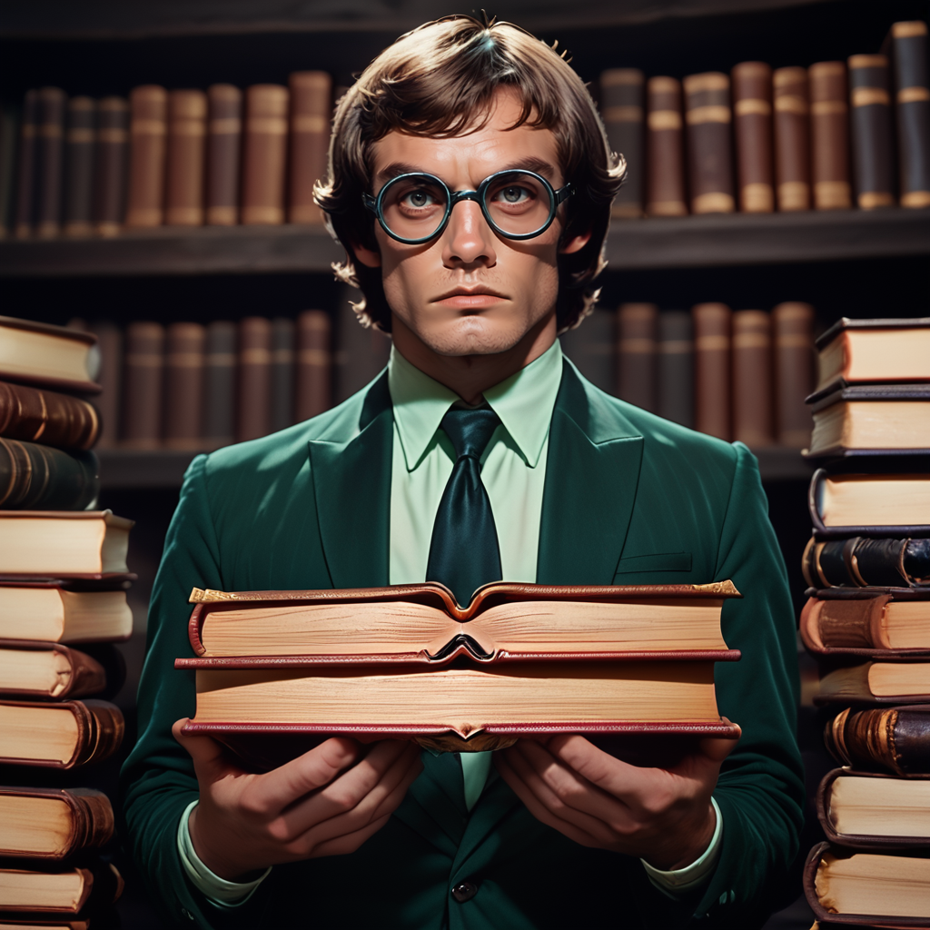 Score_9, score_8_up, score_7_up, score_6_up, BREAK  <lora:60sPsychedelicMovie2Pony:1> ArsMovieStill, movie still from a 60s psychedelic movie, The image shows a young man with shoulder-length brown hair and round glasses. He is wearing a dark green suit and tie and is standing in front of a stack of books. The man is holding a large stack of old books in his hands and is looking directly at the camera with a serious expression on his face. The background is dark and the books are arranged in a way that creates a sense of depth and dimension. The overall mood of the image is mysterious and edgy., book, solo, male focus, 1boy, book stack, glasses, holding, looking at viewer, holding book, shirt