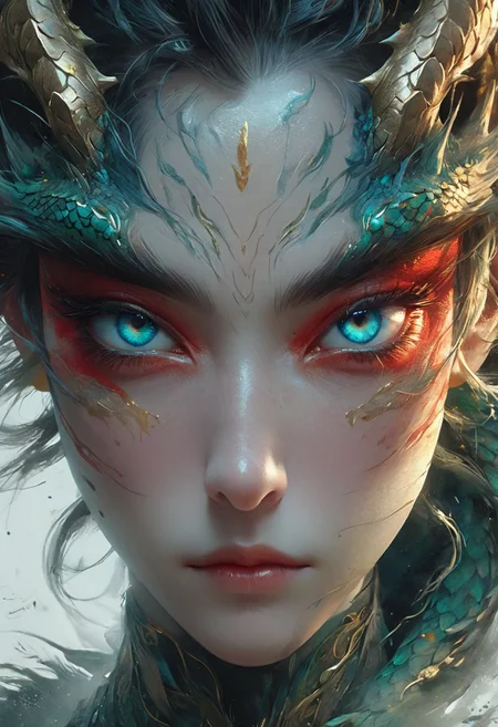 minimalism style, WLOP art style, a character worrior , facial muscles, eye light, dragon behind, cinematic foootage, fantasy, intricate details,8k post production,dark gold tone blue red white green