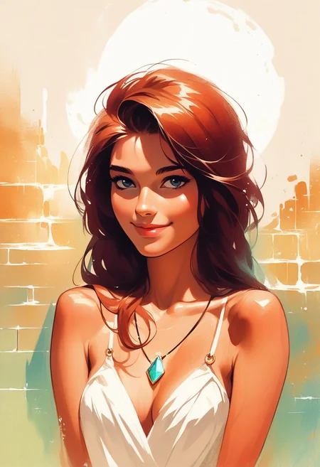 score_9, score_8_up, score_7_up, score_6_up, source_cartoon, 1girl, female, solo, femenine, petite, lean, pale skin,, soaking wet hair, smile, diaphonous white dress, bronze necklace, medium breasts, female focus, official style, close up, perfect anatomy, perfect face, standing, abstract beauty, beautiful, centered, looking at the camera, approaching perfection, dynamic, moonlight, highly detailed, watercolor painting, artstation, concept art, smooth, sharp focus, illustration, portrait