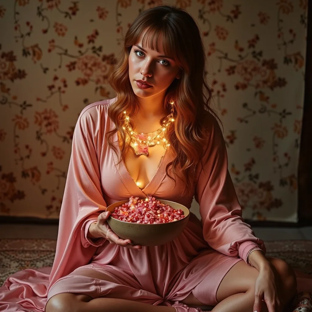 analog film photo Ultra quality, ultra detailed colors and textures, ultra realistic, ultra lighting, cinematic, ethereal atmosphere, ethereal woman, analog photography, analog photo <lora:mysticgoddessv2.10:1> mgdssv2, 3/4 body portrait of a radiant woman kneeling in soft pink silk robes that slide open at the thighs and shoulders, holding a bowl of pomegranate seeds and rose petals, her skin kissed by ambient golden hour light, wet gloss on her lips, strands of soft copper hair falling across her flushed cheeks, expression devotional and aroused, background a muted floral tapestry, shot on Canon AE-1 with Kodak Ektar 100, rich color and glowing contrast, the embodiment of erotic mysticism and feminine worship, RAW candid cinema, 16mm, color graded portra 400 film, remarkable color, ultra realistic, textured skin, remarkable detailed pupils, realistic dull skin noise, visible skin detail, skin fuzz, dry skin, shot with cinematic camera . faded film, desaturated, 35mm photo, grainy, vignette, vintage, Kodachrome, Lomography, stained, highly detailed, found footage