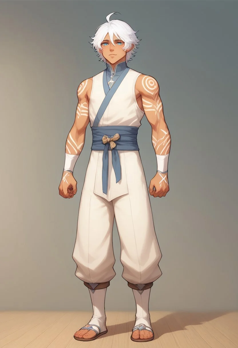 score_9, score_8_up, score_7_up, charturnerv2, sz4d3k, 1boy, even skin tone, cell shaded, male focus, indirect lighting, detailed face, detailed eyes, detailed, Expressiveh, Byakko, white hair, blue eyes, dark skin, white robes, white, body markings, wrist clothes, tan pants, sandals, standing, solo, alone, hands, detailed hands, anatomically correct hands, five fingers, NEGATIVE_HANDS