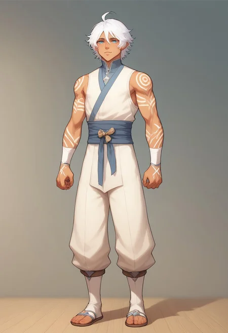 score_9, score_8_up, score_7_up, charturnerv2, sz4d3k, 1boy, even skin tone, cell shaded, male focus, indirect lighting, detailed face, detailed eyes, detailed, Expressiveh, Byakko, white hair, blue eyes, dark skin, white robes, white, body markings, wrist clothes, tan pants, sandals, standing, solo, alone, hands, detailed hands, anatomically correct hands, five fingers, NEGATIVE_HANDS