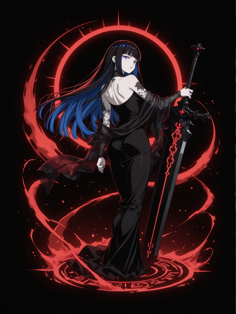 (black background, sssplashb, full body:1.2), 1girl, solo, very long black hair with inner blue highlights at ends, (deep_blue_highlights_at_ends:1.3), princess cut, straight blunt bangs, hair volume high, light blue eyes, parted lips, cold expression, pale fair skin, mole under right eye, wearing black silk dress, black sheer shawl, full floral sleeve tattoos visible through shawl, shoulder tattoo, neck tattoo, black nail polish:1.2, holding a massive greatsword in one hand, sword design matches red-black theme, dramatic silhouette, weapon glows faintly in red outline, pose: confident stance, back slightly turned, looking over shoulder, looking at viewer, hair and shawl flow with movement