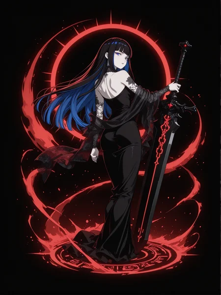 (black background, sssplashb, full body:1.2), 1girl, solo, very long black hair with inner blue highlights at ends, (deep_blue_highlights_at_ends:1.3), princess cut, straight blunt bangs, hair volume high, light blue eyes, parted lips, cold expression, pale fair skin, mole under right eye, wearing black silk dress, black sheer shawl, full floral sleeve tattoos visible through shawl, shoulder tattoo, neck tattoo, black nail polish:1.2, holding a massive greatsword in one hand, sword design matches red-black theme, dramatic silhouette, weapon glows faintly in red outline, pose: confident stance, back slightly turned, looking over shoulder, looking at viewer, hair and shawl flow with movement