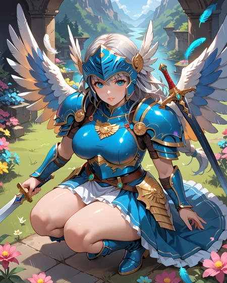 PonyScores7, source_anime, ah1, BREAK 1girl, long hair, mature female, (curvy), thick thighs, wide hips, busty, voluptuous, lips, <lora:venus body PonyXL:0.4>,  grey hair, (Witty), (Crouching on the ground), (a vibrant misty valley, with colorful flowers, radiant light, serene environment, magical mists), looking at viewer, (<lora:pony_xl_Lenneth:0.4> Lenneth, armor, helmet, blue armor, valkyrie, armored dress, winged helmet, weapon, feathers, shoulder armor, sword, boots, holding, breastplate, holding weapon, skirt, wings, pauldrons), BREAK <lora:xl_more_art-full_v1:0.2>, <lora:shinyskin2:0.2> glistening skin, <lora:aesthetic_anime_v1s:0.2>, <lora:Expressive_H:0.2> Expressiveh, <lora:hairdetailpxl:0.2> hairdetailpxl, <lora:EpicF4nta5yXL:0.2>, <lora:detailxl:0.2> detailxl, <lora:Fant5yP0ny:0.2>, best quality, amazing quality, best aesthetic, absurdres, <lora:expressive eyes:0.2> expressive eyes, <lora:eyedetailpxl:0.2> eyedetailpxl, illustration, Volumetric_Lighting, ultra-detailed, very aesthetic, intricate details, 8k, masterpiece, best_quality, BREAK (High Angle view Extreme Close shot (focus on head)), BREAK <lora:Eyes_High_Definition:0.3> EyesHD, Stable_Yogis_PDXL_Positives, AS-Adult, <lora:Complicated fantasy portrait - XL Pony V2.0:0.4>, bad-hands-5,