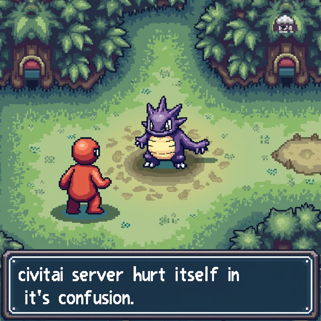 a screenshot from a retro pokemon game, showing a battle, a computer server is battling, text box at the bottom says "civitai server hurt itself in it's confusion"