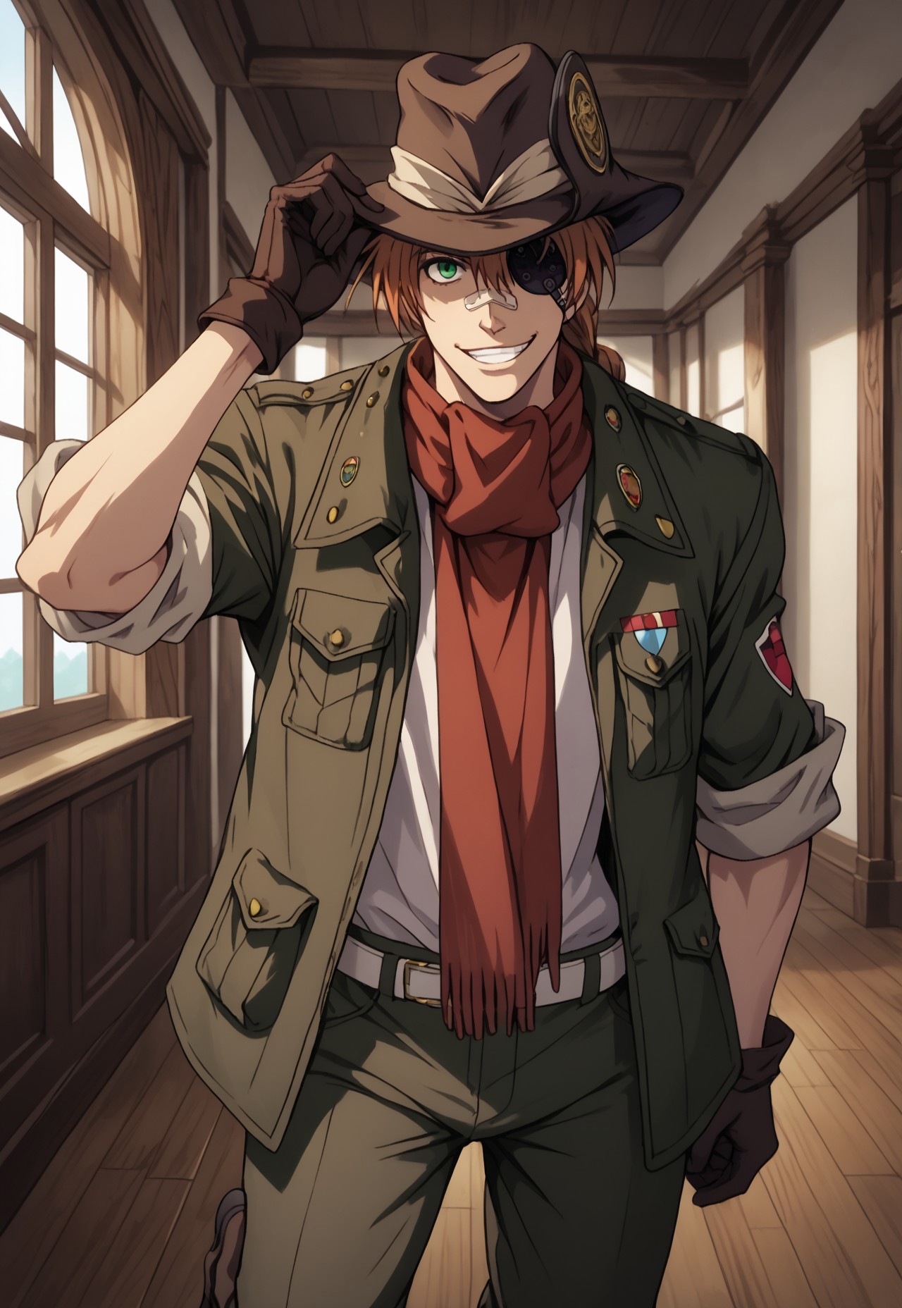 score_9, score_8_up, score_7_up, masterpiece, best quality, amazing quality, very aesthetic, absurdres, PipBernadotte, 1boy, solo, male focus, orange hair, braided ponytail, yellow hair ribbon, dark skin, green eyes, black eyepatch, bandaid on nose, brown hat, green jacket, badge, open jacket, sleeves rolled up, white shirt, red scarf, brown gloves, white belt, green pants, black boots, full body, standing, grin, looking at viewer, adjusting hat, indoors, manor, day, perspective