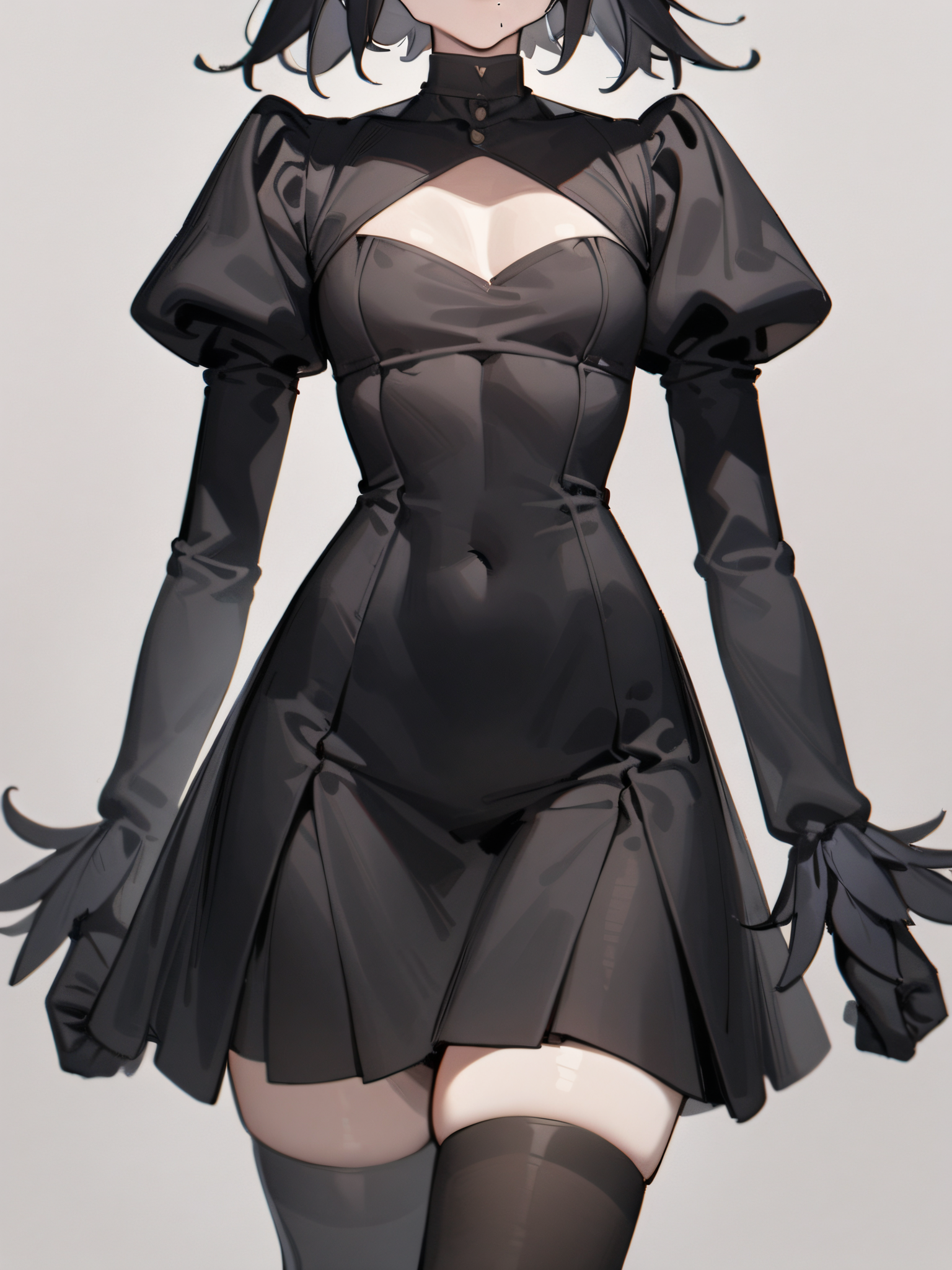 masterpiece, best quality, black blindfold, covered eyes, mole under mouth, clothing cutout, long sleeves, puffy sleeves, juliet sleeves, feather trim, black thighhighs, black gloves, black dress, black skirt,  <lora:Abbystea_Style_LoRA_XL:1>, abbystea style