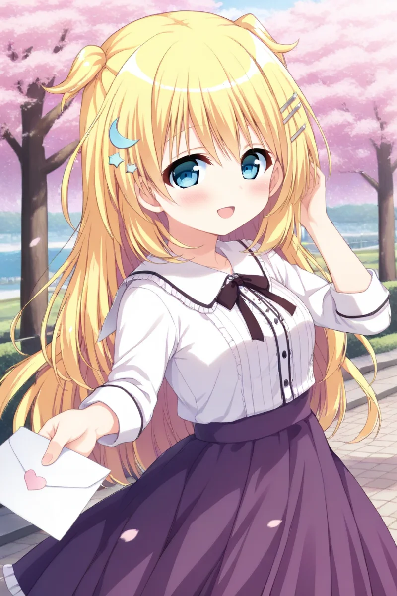 masterpiece,best quality,amazing quality,highres,scenery,newest,1girl,official style,luna,hair ornament,blonde hair,bangs,blue eyes,hair between eyes,hairclip,two side up,star hair ornament,crescent hair ornament,long hair,luna daily,skirt, purple skirt,<lora:firstlove-luna-V1:1>,outdoors,cherry blossoms, shadow,wind,looking at viewer, upper body, love letter,smile,open mouth,hand on own ear,holding letter,reaching,