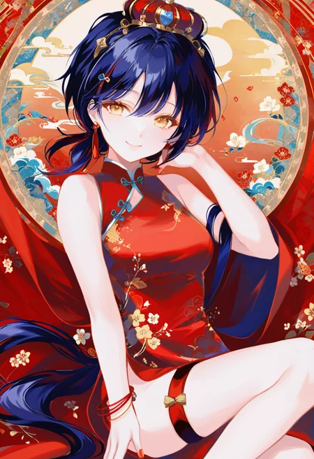 absurdres,incredibly absurdres,huge filesize,wallpaper,colorful,
1girl,solo,short hair with long locks,yellow eyes,hair between eyes,hair ornament,ponytail,low ponytail,dark blue hair,double ponytail,single earrings,bracelet,gloves,Chinese dress,chinese clothes,anklet,crown,red fringe,sleeveless,sleeveless cheongsam,red toenail polish,jewelry,bare shoulders,bangs,closed mouth,smile,earrings,short hair,red nails,sleeveless dress,short sleeves,no shoes,bare legs,detached sleeves,red tassel,thigh strap,upper body,
front view,white neckline,<lora:HyatsuXLlokr8f-000183:0.7>,