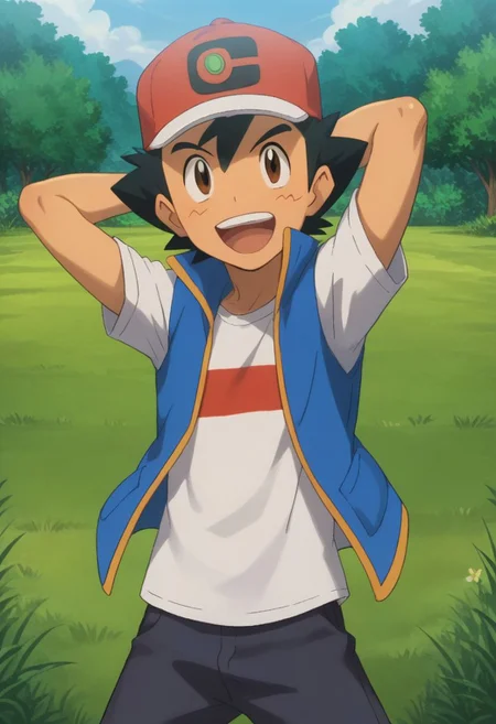 score_9, score_8_up, score_7_up, source_anime, highly detailed, 1boy, solo, male_focused, skinny, slender,
ash_ketchum_journeys, brown eyes, hat, shirt, solo, black hair, open mouth, white shirt, baseball cap, hands behind head, smile.
outdoor, grass,