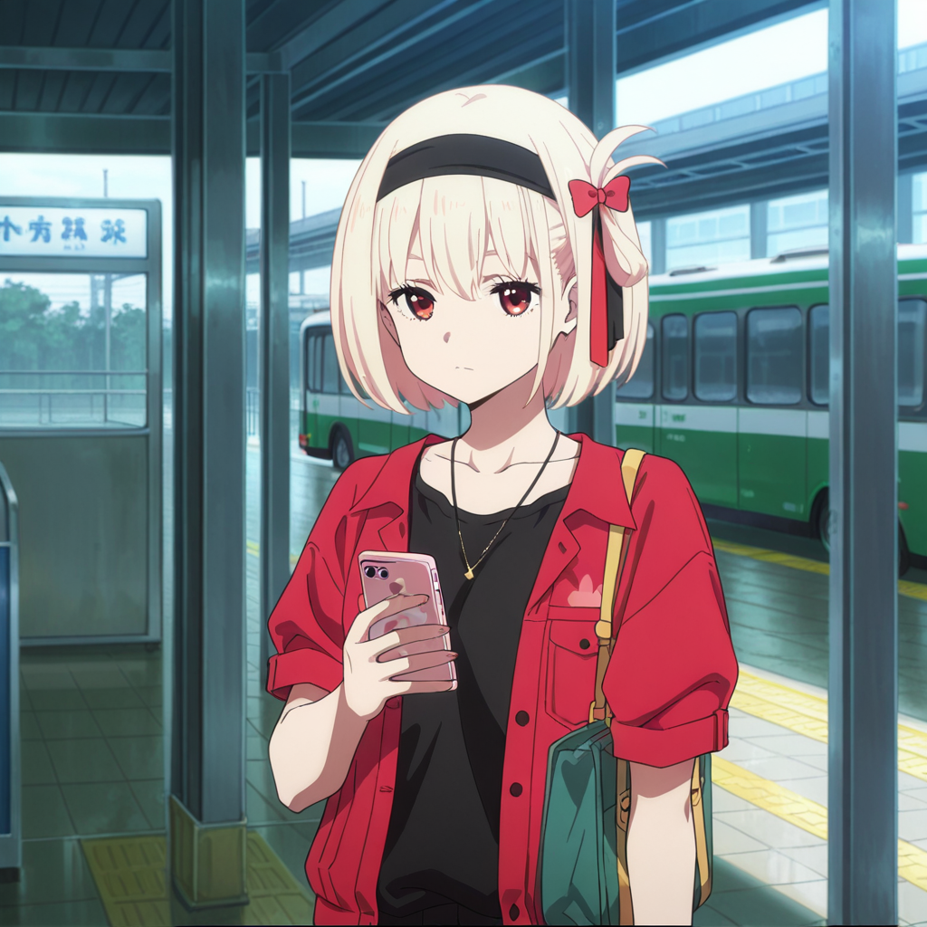 nsfw, masterpiece,best quality,amazing quality,1girl, solo,  lycoris_recoil_chisato_nishikigi, short hair, blonde hair, red eyes, black shirt, shirt,bangs, holding phone, red ribbon, hair ribbon, ribbon, black hairband, red jacket, bag, one side up, jacket, hairband, looking at phone, collarbone, necklace, jewelry, closed mouth, short sleeves, bob cut, bus station, <lora:Chisato_Nishikigi_-_Lycoris_Recoil:0.7>