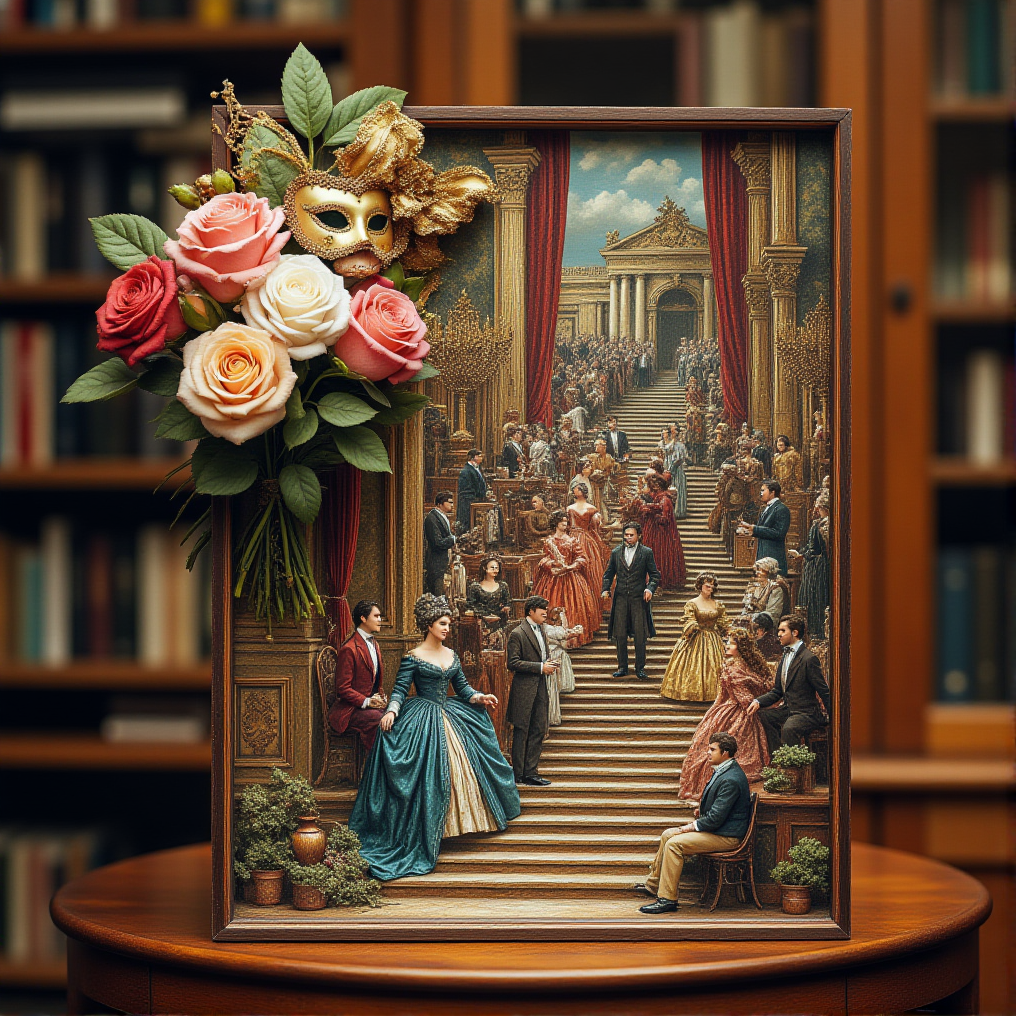 Miniature diorama of a masquerade ball next to a bouquet of roses, detailed digital illustration of a masquerade ball held in a palace, 19th century, colorful dresses, masks, well-dressed women, glamorous, lascivious and somewhat decadent atmosphere, <lora:Flux.1_Turbo_Detailer:0.7>, <lora:Diorama_Flux:0.8>