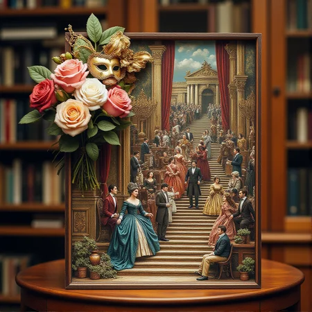 Miniature diorama of a masquerade ball next to a bouquet of roses, detailed digital illustration of a masquerade ball held in a palace, 19th century, colorful dresses, masks, well-dressed women, glamorous, lascivious and somewhat decadent atmosphere, <lora:Flux.1_Turbo_Detailer:0.7>, <lora:Diorama_Flux:0.8>