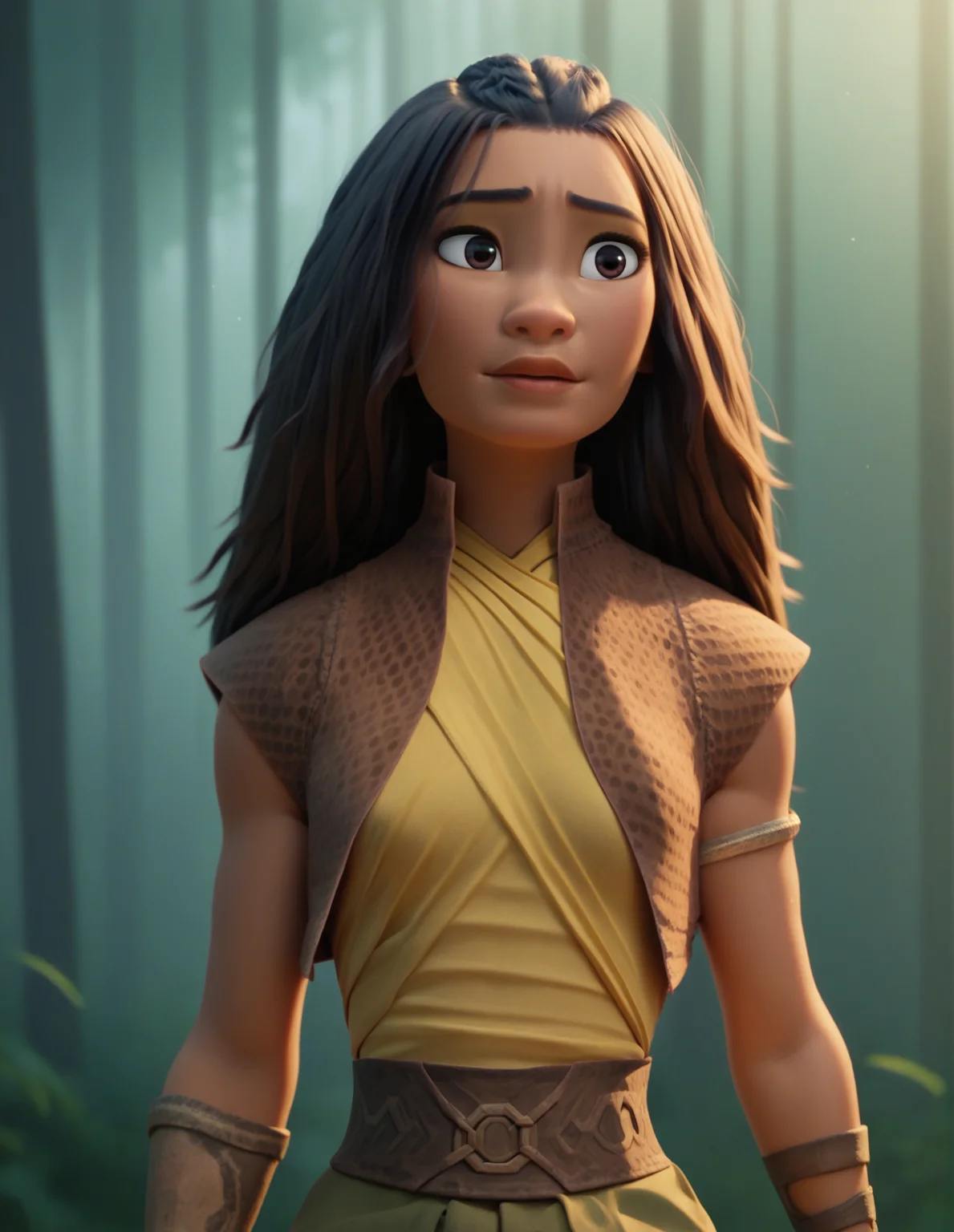 1girl, solo, high contrast, against light, dark forest background, yellow shirt, sleeveless<lora:Raya:0.8> raya, score_9, score_8_up, score_7_up, score_6_up