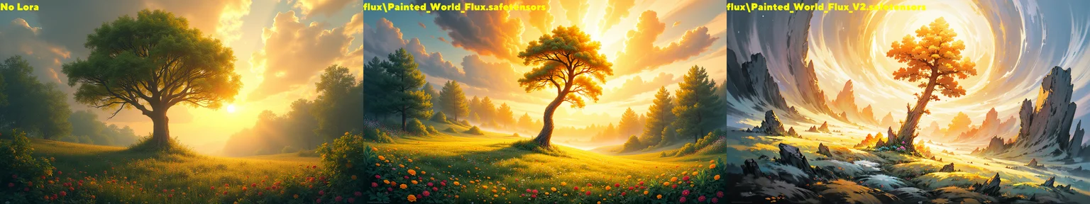 painted world,golden rays shine through clouds onto a towering tree in the middle of a dense forest,colorful flowers rest on a sea of grass, golden ratio