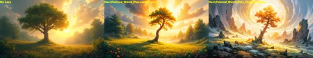painted world,golden rays shine through clouds onto a towering tree in the middle of a dense forest,colorful flowers rest on a sea of grass, golden ratio