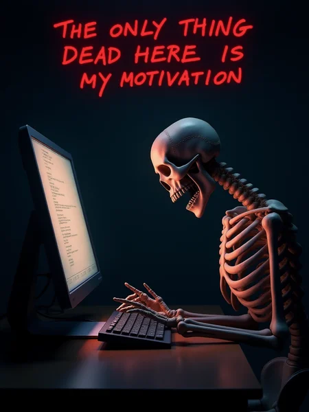 (the words "The only thing dead here is my motivation" in dark red at the top:2.0), a skeleton yawning at a computer screen, text focus, <lora:Text_Logo_-_Style:1>