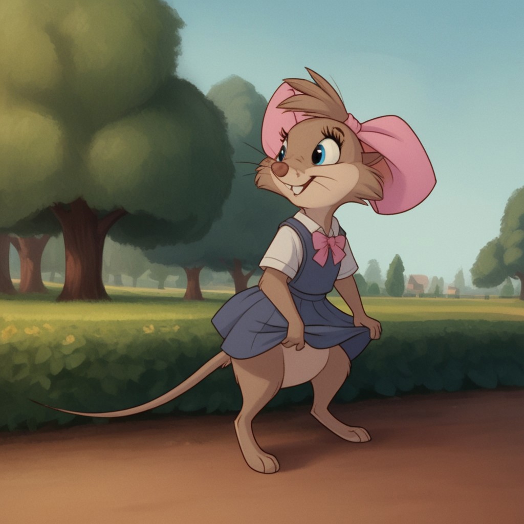 score_9, score_8_up, score_7_up, score_6_up, score_5_up, score_4_up, source_furry, TeresaBrisv2, semi-anthro, female, mouse, brown fur, whiskers, blue eyes, pink bow on head, park, barefoot,  solo, 1girl, school uniform, smile, standing,