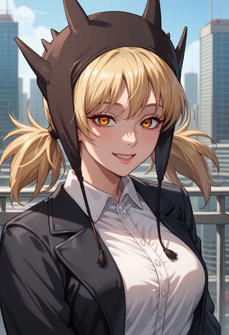 anime artwork, score_9, score_8_up, score_7_up, score_6_up, score_5_up, solo, perfect eyes, detailed eyes, beautiful female, detailed face, dynamics lines, 20 year old, perfect beautiful face, long eyelashes, sharp eyes pupils, (city), (upper body:1.5), smile, medium breasts, 1girl, blonde hair, twintails, earflap hat, yellow eyes, black jacket, white shirt
