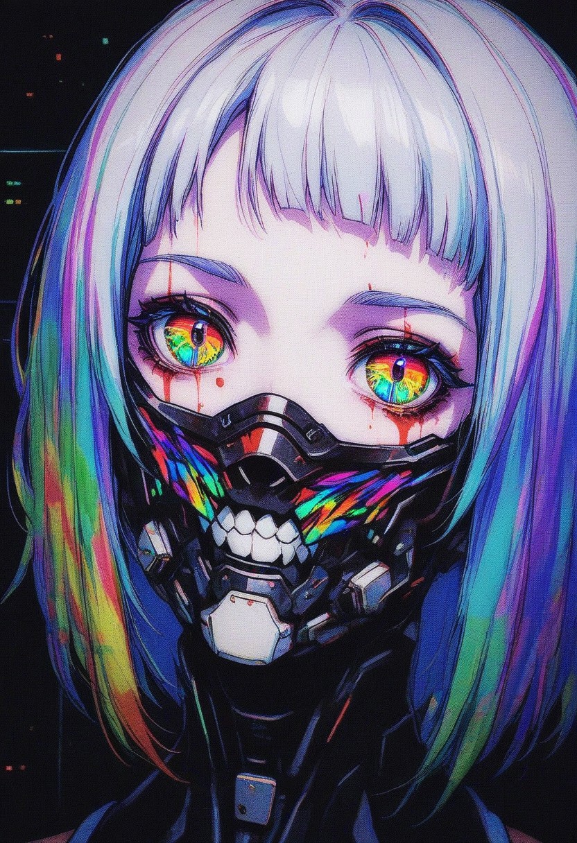 GLTST, Glitch, , 1girl, solo, multicolored eyes, bangs, looking at viewer, portrait, cyberpunk, mouth mask, short hair, mask, blood