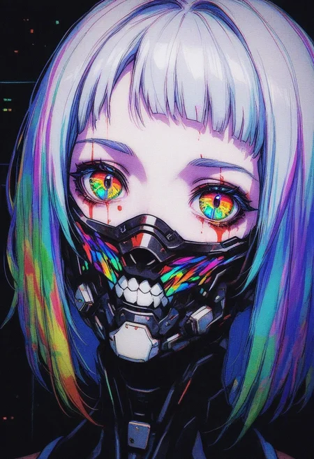 GLTST, Glitch, , 1girl, solo, multicolored eyes, bangs, looking at viewer, portrait, cyberpunk, mouth mask, short hair, mask, blood