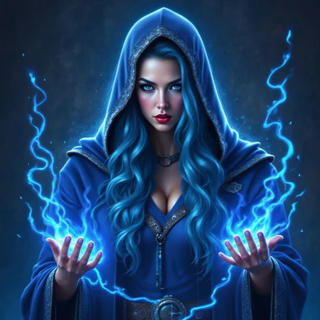 Cinematic style, Realism, Film still, High quality, A mystical and Elizabeth 2.0 as a powerful sorceress with flowing blue hair, dressed in an ornate blue hooded cloak. She is casting a spell, her hands glowing with blue magical energy. Her intense, captivating eyes are focused on the spell, and her cheeks are flushed with concentration. The background is ethereal and filled with swirling magic, adding to the otherworldly atmosphere. The intricate details of her clothing and the shimmering magical effects create a sense of fantasy and enchantment.
