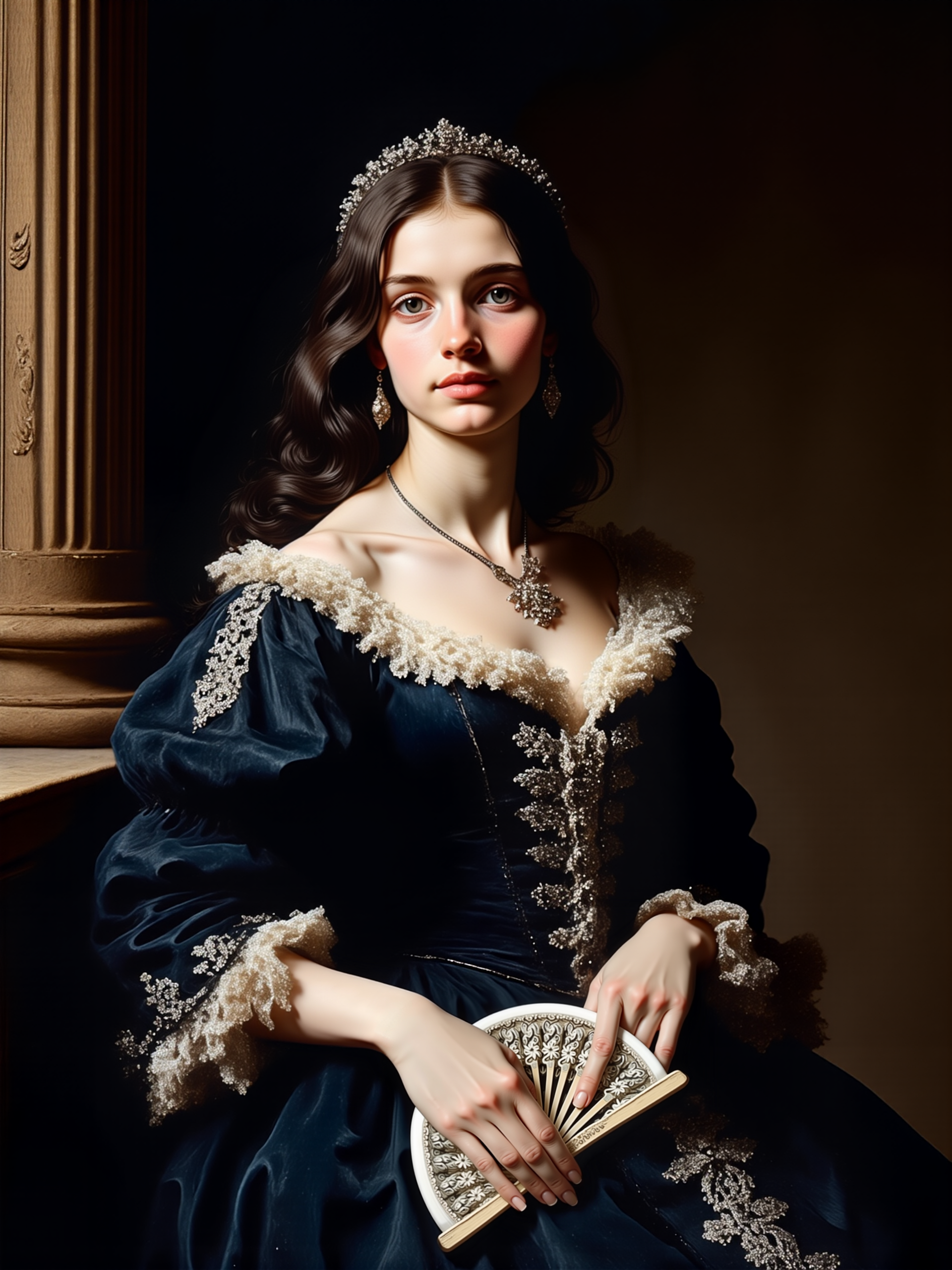 detailed historical masterwork portrait painting with a courtly, 17th-century aesthetic, oil on canvas, an intricate court setting, softly lit, capturing a quiet, stately atmosphere as the central figure is elegantly framed against a dark, soft shadowed background, the focus is a gorgeous princess of unmatched beauty with silky black hair and grey eyes, she holds a masterfully crafted fan made of ivory with delicate filigree silver inlays along the spines, soft lighting brings out the rich textures of her gown, faint outlines of court drapery fade into the background, lending a subtle sense of grandeur, the poised princess stands regally, exuding calm nobility, her form illuminated to capture both elegance and intricate details, the princess wears a luxurious night-blue gown, its deep, almost velvety texture decorated with intricate silver embroidery, a cascading lace collar gently frames her shoulders, with delicate silver and sapphire jewelry to complete her look, her expression is thoughtful and serene, with a soft, wistful gaze directed slightly off canvas, her perfect delicate feminine hands are gracefully posed, one resting lightly at her waist, the other holding the ivory and silver fan, the format is a three-quarter-length, eye-level portrait in a classical, formal style, capturing her serene expression and the full texture of her gown, from her neckline to the gentle folds of the fabric, warm, diffused light from an unseen source creates a soft chiaroscuro effect, casting gentle highlights across her face and gown, while shadows fall elegantly across the background, adding depth and contrast, masterful brushstrokes capture the interplay of light and shadow with soft, rich textures, finely detailed to emphasize the depth of fabric, jewels, and skin, style of rembrandt <lora:style-rembrandt-flux-by_tangbohu:0.88> <lora:epic_gorgeous_details-balance-flux-by_flyway:0.28> <lora:image_enhancer-flux-by_dever:1.0>