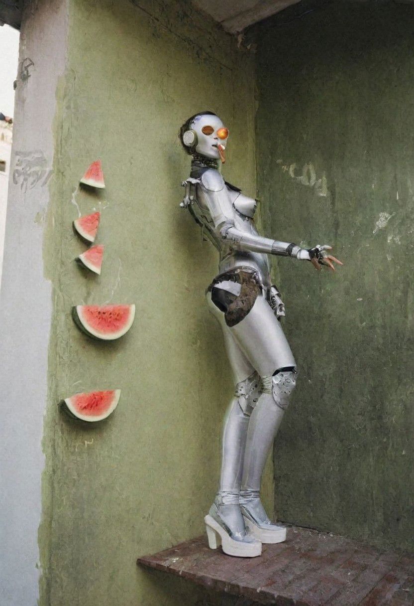 Editorial photograph, three gorgeous female brunette cyborg artists, dancing on the balcony of a typical messy, twenty-something's, So Paulo, Brazil apartment in the Liberdade barrio, a sassy but annoyed and slightly damaged gay robot stands in the corner smoking a cigarette, bad paintings of watermelon hang on wall, 1970s retrofuturism, dramatic moody cinematic lighting, Leica M3, film grain,
