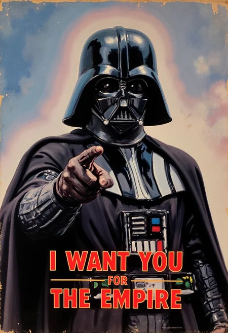 a painting of darth vader from star wars pointing at the camera in the style of james-montgomery-flagg and uncle sam, text below him reads, "I WANT YOU FOR THE EMPIRE"
