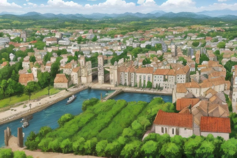 detailed, background: medieval city with tall walls, frond ground: farmer's market along road to city's gate, left side from market: not wide river with small pier, where stand some boats, shinig, day,