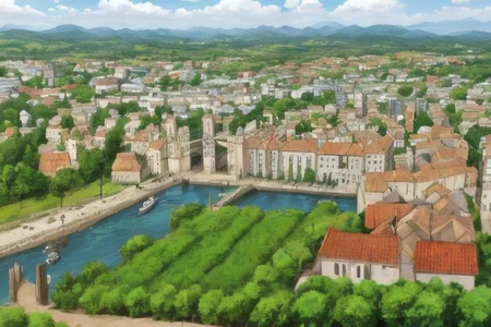 detailed, background: medieval city with tall walls, frond ground: farmer's market along road to city's gate, left side from market: not wide river with small pier, where stand some boats, shinig, day,