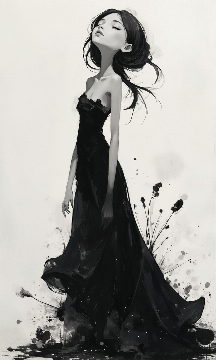 A full-length shot, from the knees up, depicts a stylized female figure, rendered in a painterly style with a grayscale palette. The figure is positioned slightly off-center and is gazing upward; her head is tilted back.  The figure appears to be wearing a long, flowing dress, primarily black, with its form suggested by long, dark strokes and splashes of paint. The dress appears to be billowing, as if caught in a gentle breeze. The hair is long, dark, and flowing, mirroring the movement of the dress. The face is delicate, with barely visible features; the eyes are closed, and the expression is serene. The body pose is relaxed and graceful, yet almost ethereal, with a soft curve to the body from the shoulders down. The figure appears almost weightless, with the dress blending into a dark, slightly textured background. The shapes are organic and flowing. The dress and hair have soft, sweeping lines, with the dress having long, dark brushstrokes blending into the background.  The background is mostly white, contrasting sharply with the dark dress and hair. There are also splotches of dark gray and black around the bottom of the dress, resembling splashes of paint.  The lighting is subtle and diffused. It appears to be even across the image, creating a soft, dreamlike quality. The dark dress stands in stark contrast to the white background, resulting in a dramatic effect., <lora:FLUX-daubrez-DB4RZ-v2:0.5> DB4RZ, DB4RZ style painting
<lora:realcartoon3d-flux_v2:0.5> realcartoon