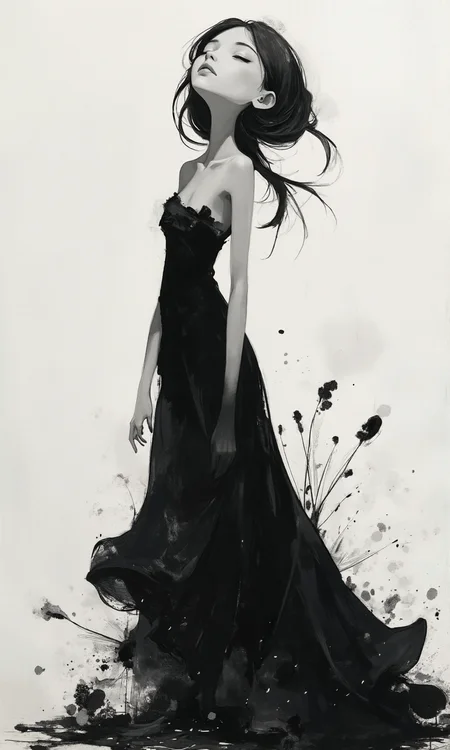 A full-length shot, from the knees up, depicts a stylized female figure, rendered in a painterly style with a grayscale palette. The figure is positioned slightly off-center and is gazing upward; her head is tilted back. The figure appears to be wearing a long, flowing dress, primarily black, with its form suggested by long, dark strokes and splashes of paint. The dress appears to be billowing, as if caught in a gentle breeze. The hair is long, dark, and flowing, mirroring the movement of the dress. The face is delicate, with barely visible features; the eyes are closed, and the expression is serene. The body pose is relaxed and graceful, yet almost ethereal, with a soft curve to the body from the shoulders down. The figure appears almost weightless, with the dress blending into a dark, slightly textured background. The shapes are organic and flowing. The dress and hair have soft, sweeping lines, with the dress having long, dark brushstrokes blending into the background. The background is mostly white, contrasting sharply with the dark dress and hair. There are also splotches of dark gray and black around the bottom of the dress, resembling splashes of paint. The lighting is subtle and diffused. It appears to be even across the image, creating a soft, dreamlike quality. The dark dress stands in stark contrast to the white background, resulting in a dramatic effect., <lora:FLUX-daubrez-DB4RZ-v2:0.5> DB4RZ, DB4RZ style painting
<lora:realcartoon3d-flux_v2:0.5> realcartoon
