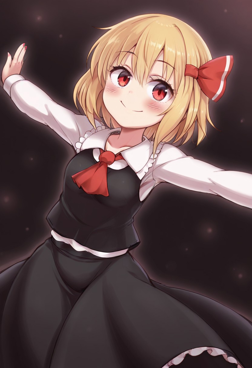 best quality, 
1girl, solo, rumia, spread arms,
smile, blush, happy, pose, dutch angle,