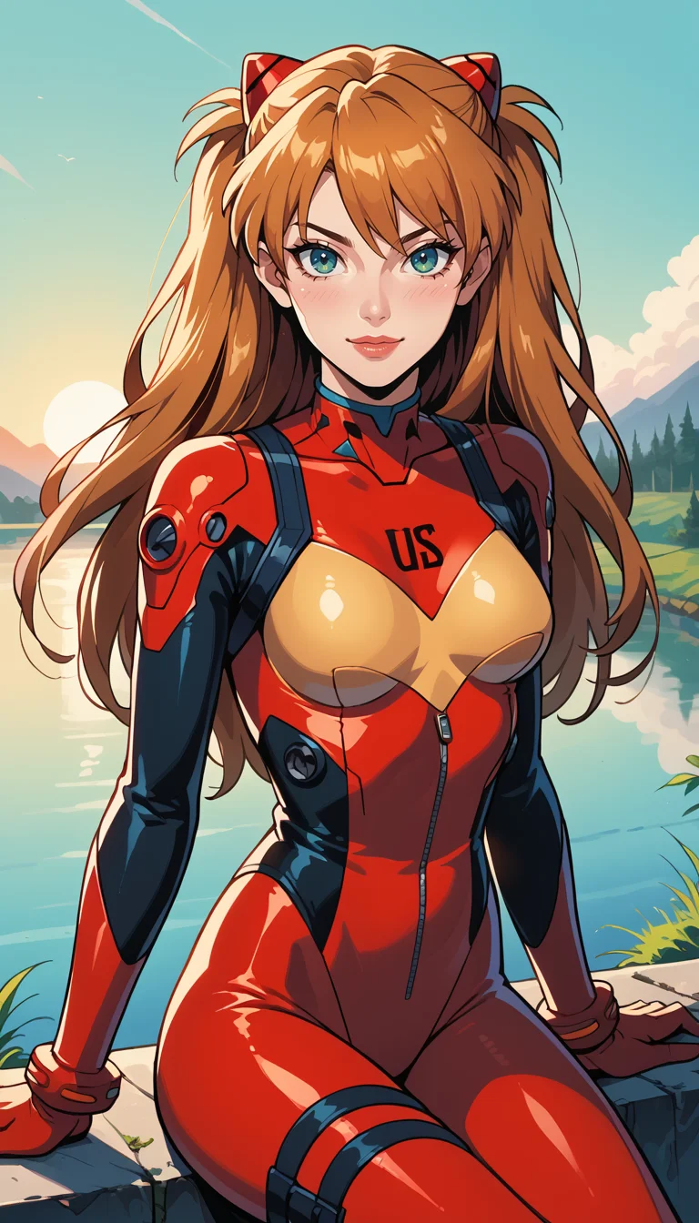 score_9, score_8_up, score_7_up, Western Comics, Cowboy Shot, Asuka Langley Soryu, cute, seductive, innocent, light smile:0.3, plump lips, slender body, long hair, floating hair, red plugsuit, sitting, sunset, lake background, depth of field, dynamic angle, fashion photography, sharp, hyperdetailed:1.15