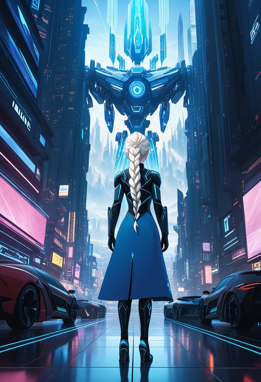Duskfallcrew Art Style,  (elsa from frozen:1.4),  (studying futuristic object:1.3),  (cybernetic robot full body shot of cinematic photo full body shot:1.3),  cyberpunk,  scifi,  futuristic,  soft lighting,  intricate,,   cityscape, , cyberpunk, soft lighting,  best illustration,  cinematic angle, cinematic lighting, masterpiece,  official art,