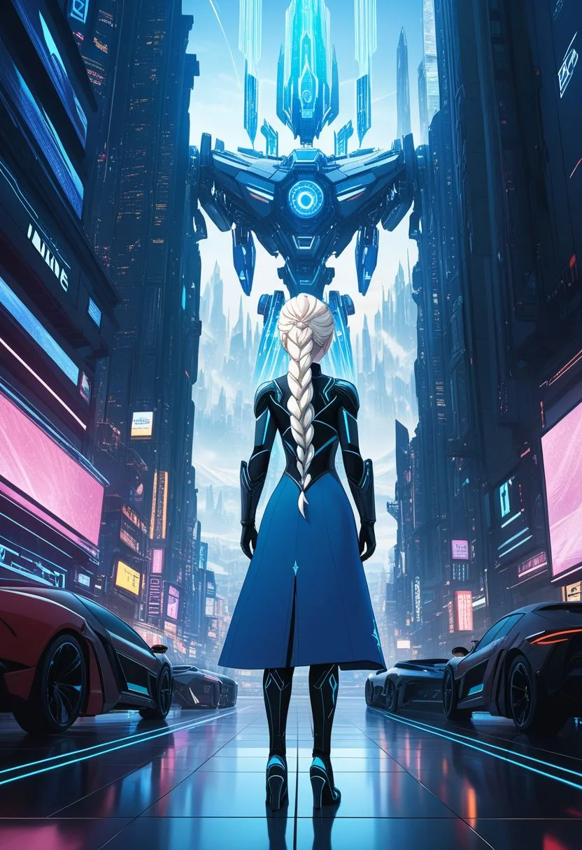 Duskfallcrew Art Style, (elsa from frozen:1.4), (studying futuristic object:1.3), (cybernetic robot full body shot of cinematic photo full body shot:1.3), cyberpunk, scifi, futuristic, soft lighting, intricate,, cityscape, , cyberpunk, soft lighting, best illustration, cinematic angle, cinematic lighting, masterpiece, official art,